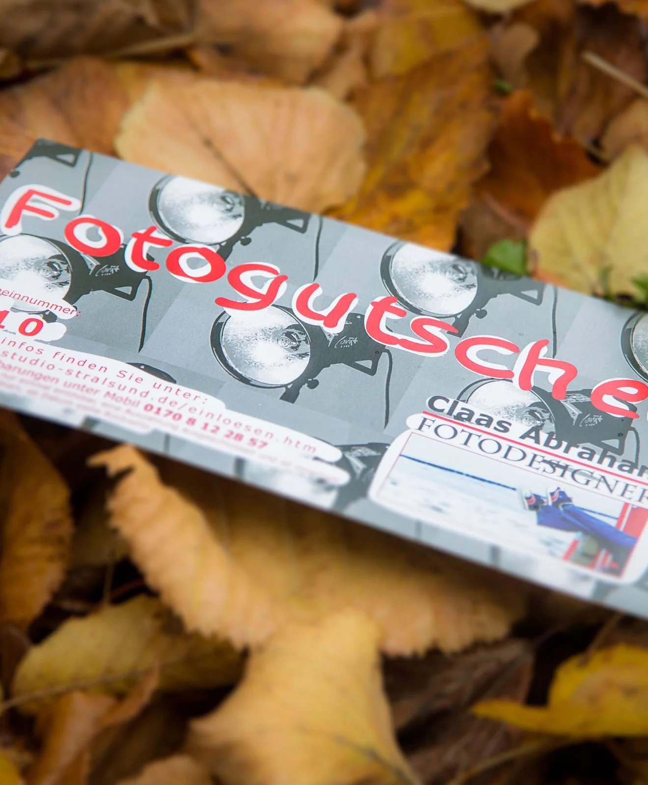 Fotogutschein auf herbstlichen Blättern.